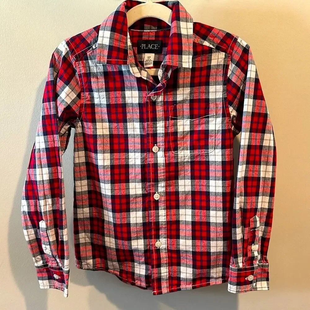 The Children’s Place Boy’s Small Red Plaid‎ Poplin Button Down Shirt